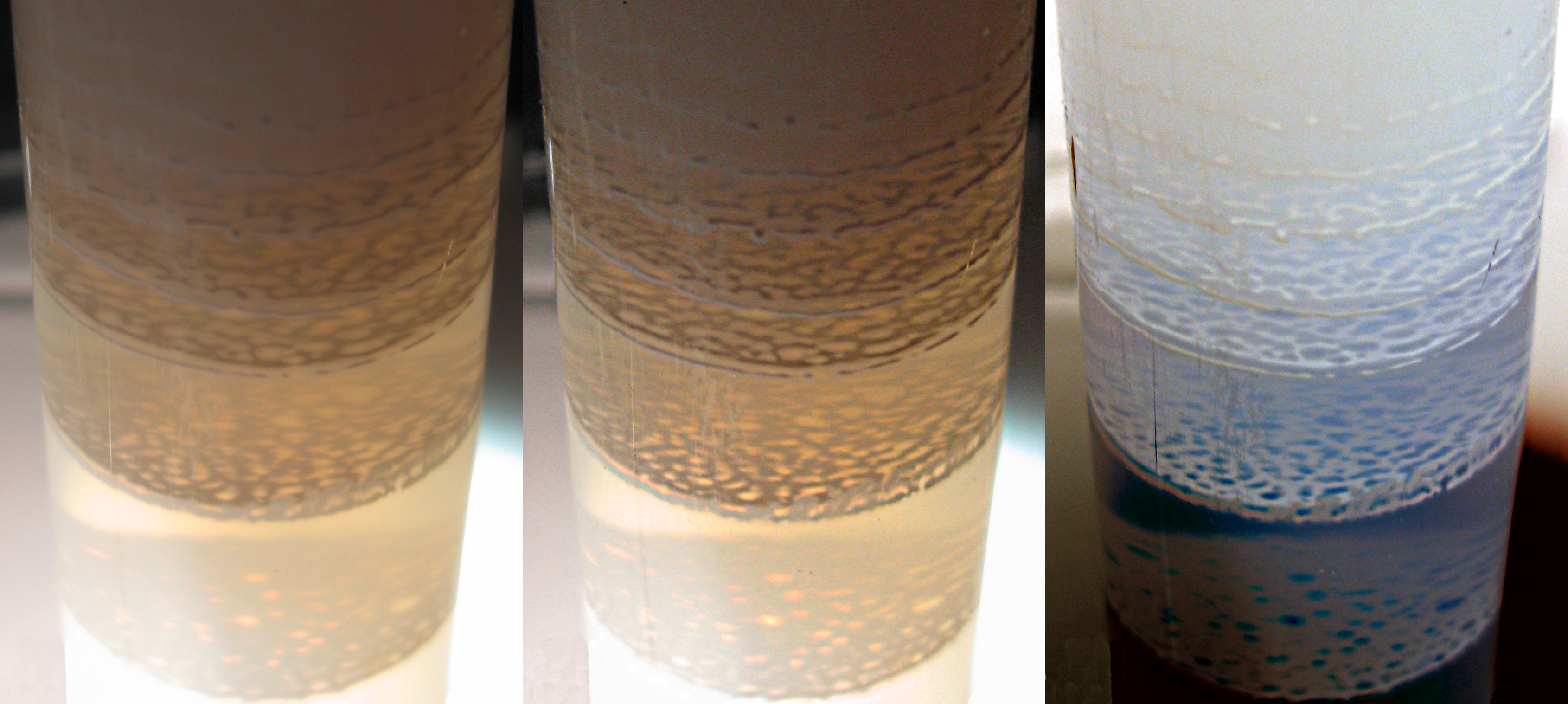 Liesegang rings of Magnesium hydroxide in Agar gel (montage of three retouched close-up images)