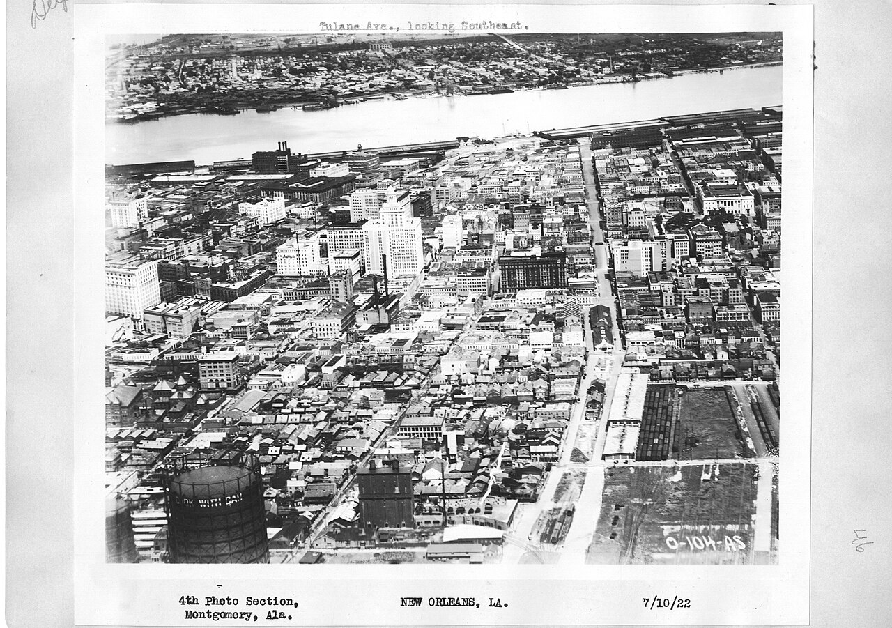 General notes: 1922 aerial photograph of section of New Orleans Business District and old "back of town" Original caption "Tulane Avenue, looking southeast". Tulane Avenue is to to