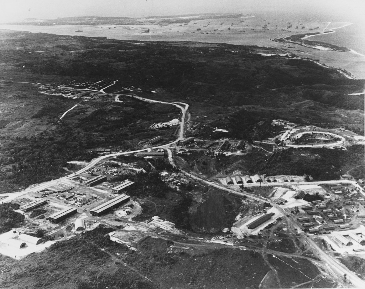 Aerial view showing the build-up of Fleet Admiral Chester W. Nimitz's Commander in Chief, U.S. Pacific Fleet (CinCPac)-Pacific Ocean Areas Command (POA) headquarters. Nimitz moved 