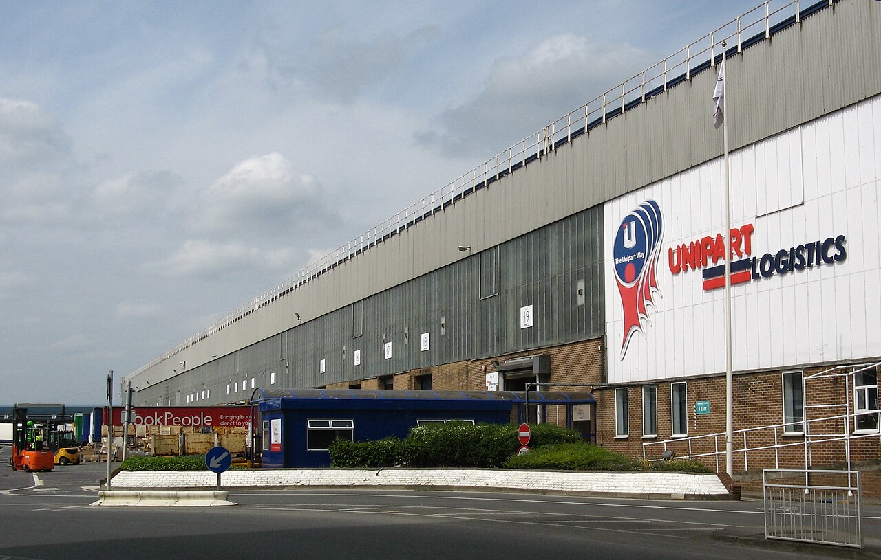Unipart Logistics warehouse, Cowley, Oxford, England. Frontage of extremely large warehouse.