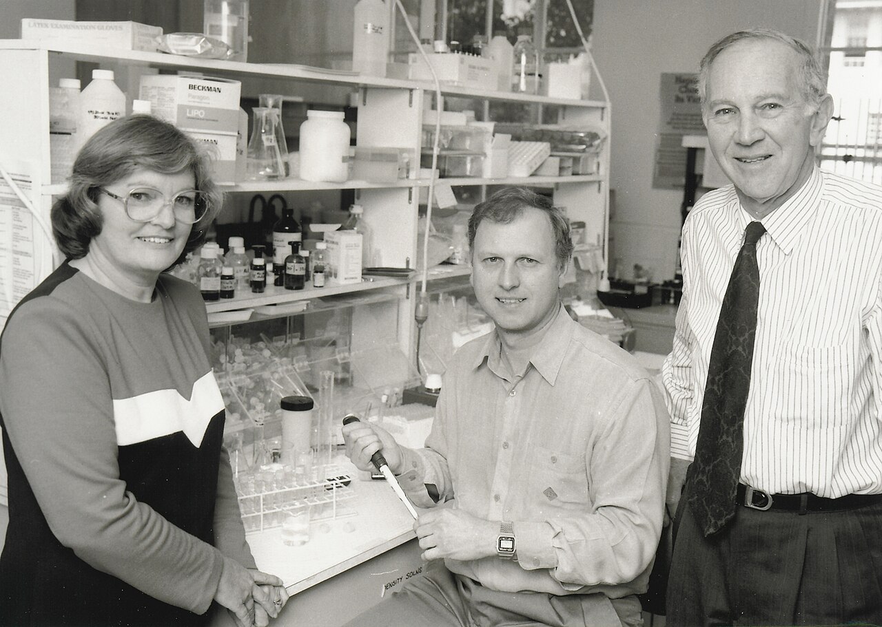 Nutritional control of cardiovascular disease. (from left) Dr Mavis Abbey, Dr Paul Roach (visiting Postdoc Fellow) and Dr Paul Nestel (Chief of Division). Photo taken in laboratory