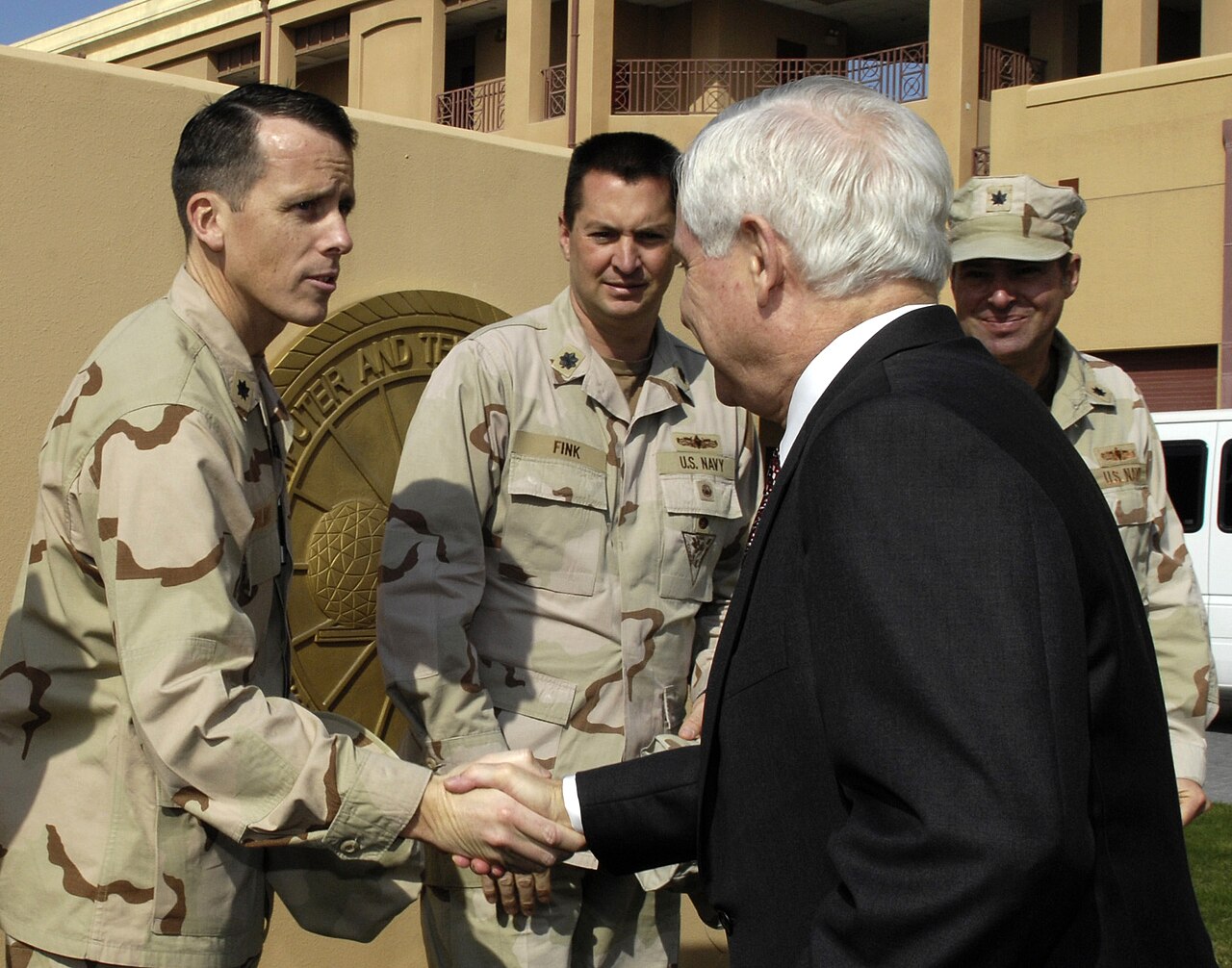 Manama, Bahrain (Jan. 18, 2007) – Secretary of Defense Robert Gates meets with graduates from Texas A M University at the U.S. Naval Forces Central Command headquarters in Manama, 