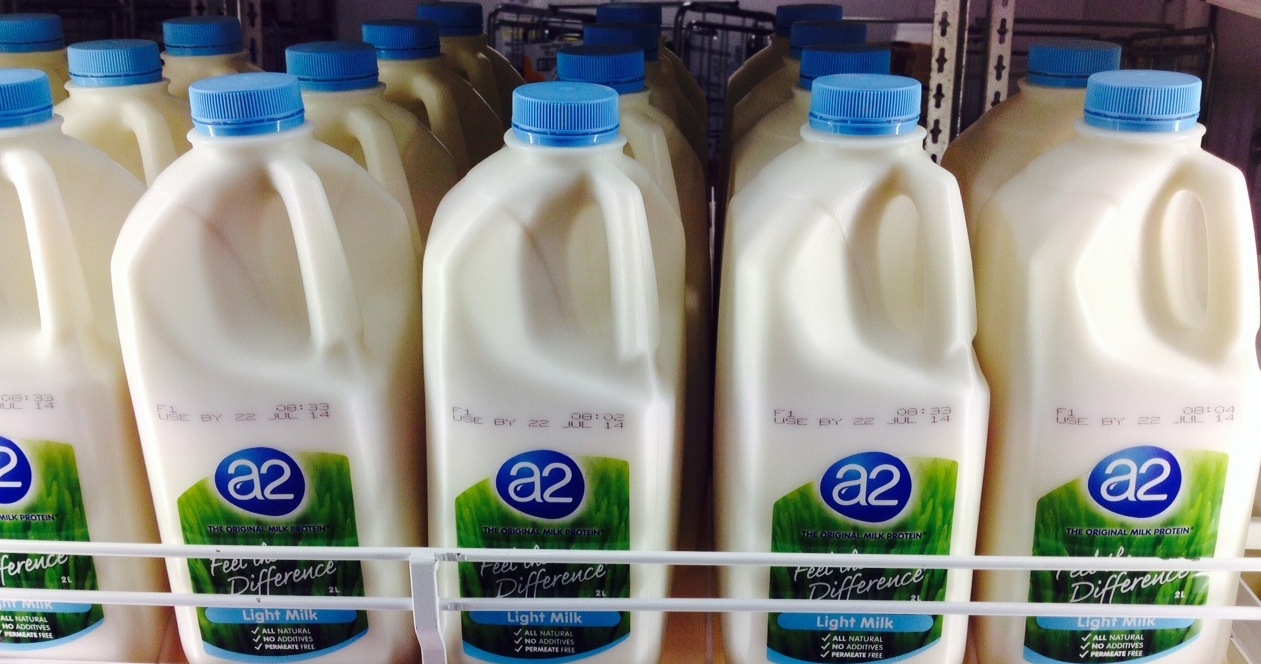 A2 brand milk in a supermarket fridge in Melbourne Victoria, Australia.