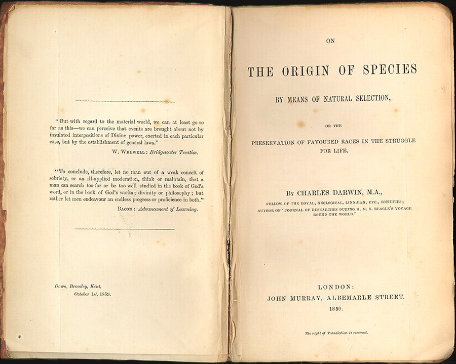Charles Darwin, On the origin of species by means of natural selection OR the preservation of favoured races in the struggle for life , Londres, John Murray, Albemarle Street, 1859