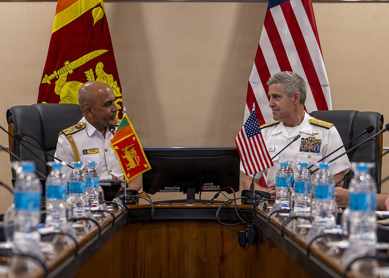 Adm. Steve Koehler, commander, U.S. Pacific Fleet, right, meets with Vice Adm. Kanchana Banagoda, commander of the Sri Lanka Navy, during his visit to the Sri Lanka Naval Headquart