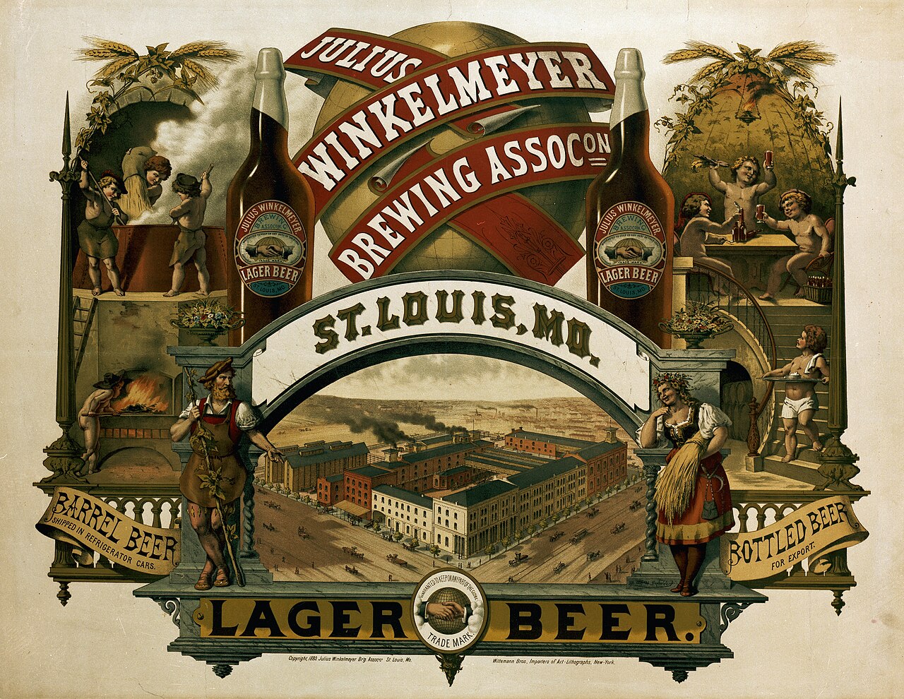 Shows brewery, two large bottles, man and woman in front of legs of a decorative arch. Title: Julius Winkelmeyer Brewing Association, St. Louis, Mo., Lager Beer.