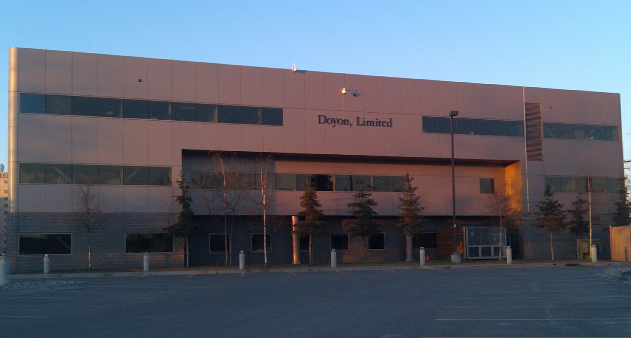 North elevation (or back side) of the headquarters building of Alaska regional native corporation Doyon, Limited, located in downtown Fairbanks, Alaska.