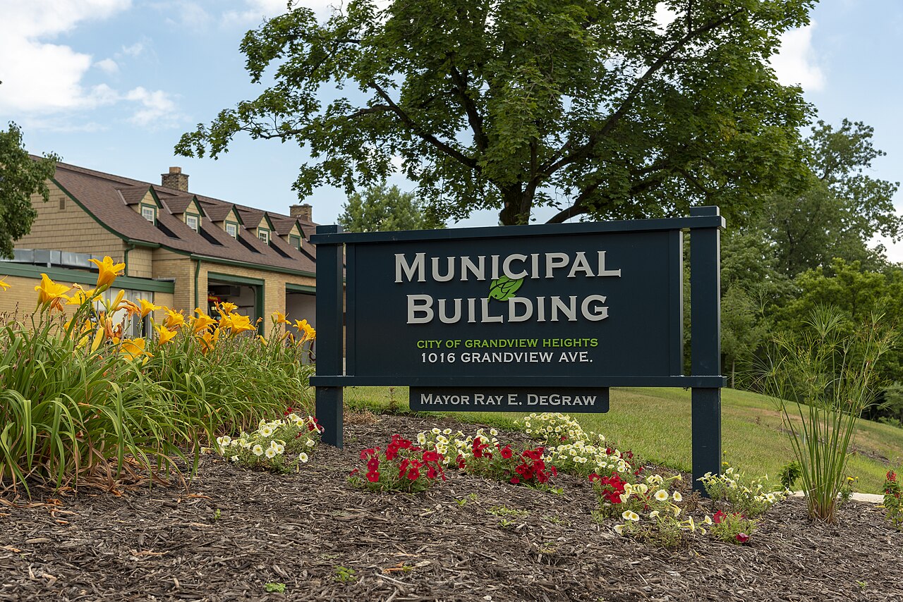 A sign outside the entrance to the municipal buildings in Grandview Heights, Ohio . The fire department, police department, and other departments have facilities located here.
