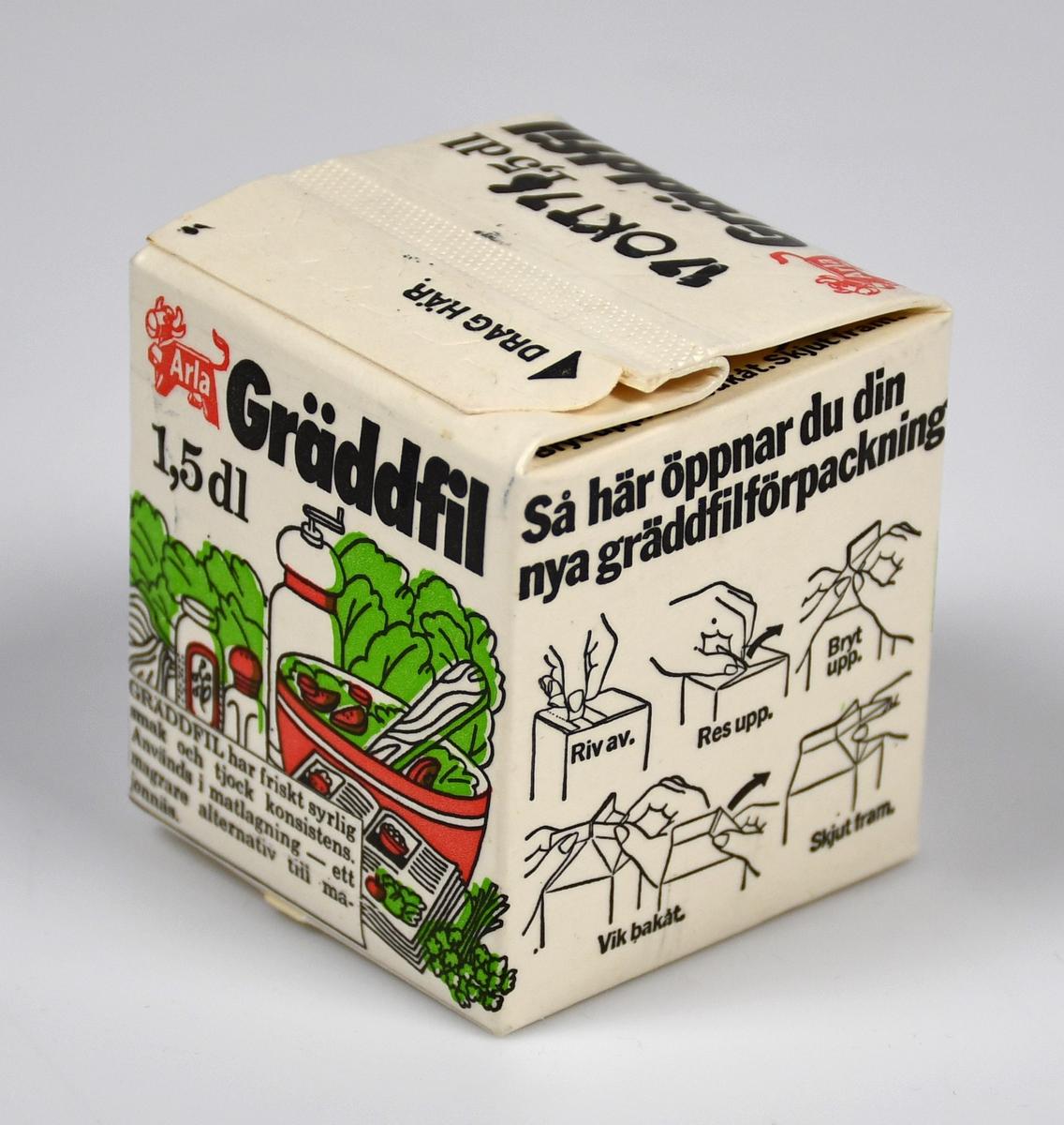 Förpackning för 1,5 dl gräddfil från Arla. Sista förbrukningsdag enligt stämpel 17 oktober 1976. Layouten och färgsättningen på förpackningen är tidstypisk för 1960 -70-tal. Förpac